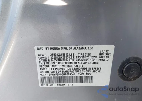 2017 Honda Pilot Touring z USA, uszkodzony, nr VIN 5FNYF6H96HB099542